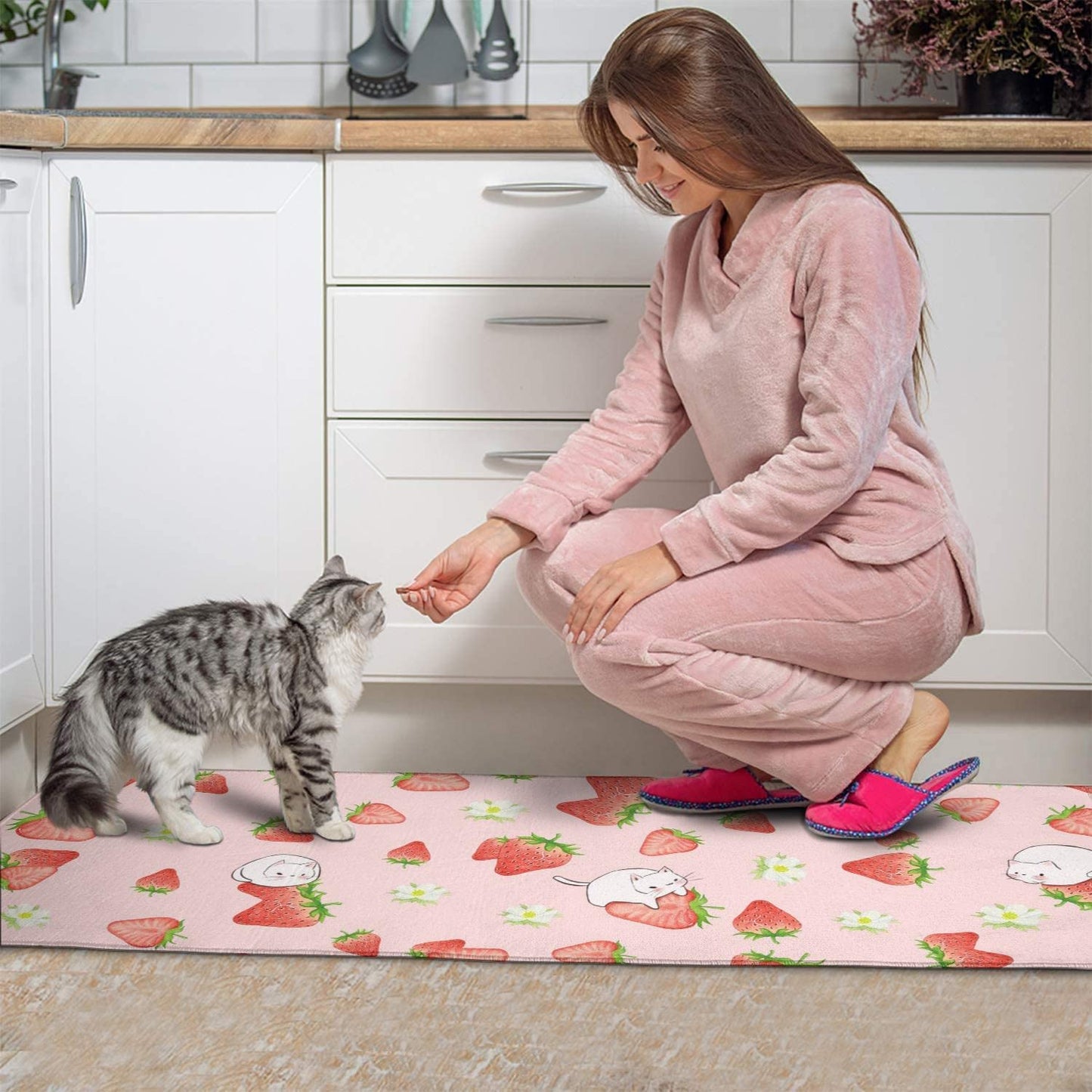 Strawberry Cat Kitchen Mats Set 2 Piece