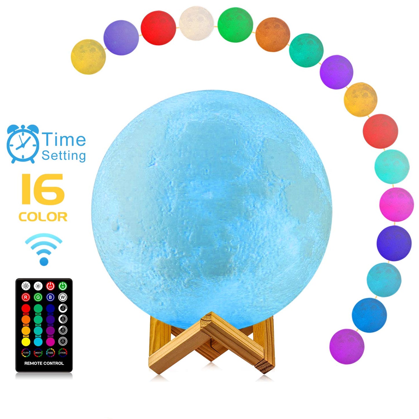 Decorative Moon Light Lamp with Time Setting and Stand 3D Print LED 16 Colors
