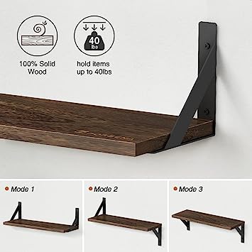 Set of 3, Floating Shelves with Black Metal Brackets (Natural Color)