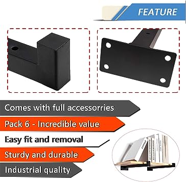 Floating Shelf Brackets Heavy Duty Wall Mounted Shelf Brackets, Black Industrial Iron Square Brackets, Wall Shelf Brackets for Floating Shelves 8 Inch, Hanging Shelving Supports with Lip (6 Pack)