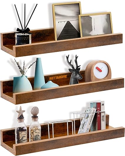 Set of 3, 24 Inch Rustic Wood Shelves with Ledge, Various Sizes, Wall Mounted Display, Rustic Brown BT006