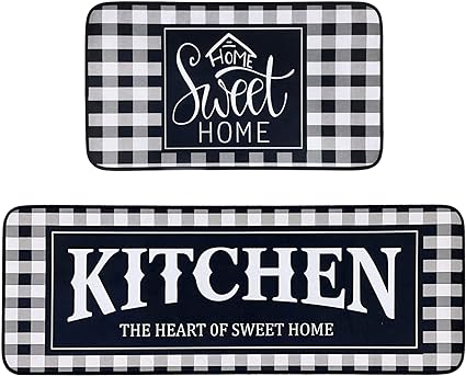 Non Skid Washable Microfiber mats for Kitchen Floor, Kitchen Rules Theme Kitchen Cushioned Runner Rug Decor Sets of 2,Size 17"x 47"+17"x 30"