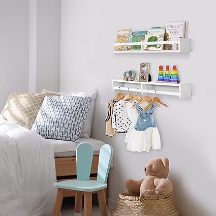 Floating Nursery Book Shelves for Wall Set of 2, Classic White Wall Bookshelf for Kids Room,Book Shelf for Kids Rooms Bedroom Bathroom (16.5 inches Set of 2 White)