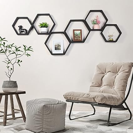 Hexagonal Floating Shelves Wall Mounted Set of 3 Wood Farmhouse Storage Honeycomb Wall Shelf for Bathroom, Kitchen, Bedroom, Living Room, Office,Driftwood Finish