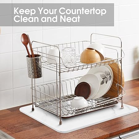 Fast Drying Stone Dish Drying Mats for Kitchen Counter, Diatomaceous Earth Water Absorbing Dish Drying Mats for Bottles Cups, Non-Slip Sink Caddy Tray with Stainless Steel for Kitchen Bathroom (Grey)