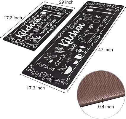 Sets of 2 Cushioned Anti-Fatigue Kitchen Rugs Non Slip Memory Foam Kitchen Mats and Rugs Waterproof Kitchen Floor Comfort Mats, 17'' x 47'' + 17'' x 30'', Brown