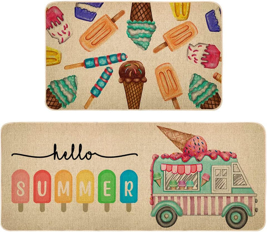 Set of 2 Hello Summer Ice Cream Truck Kitchen Rugs 17x29 and 17x47 Inch DM076