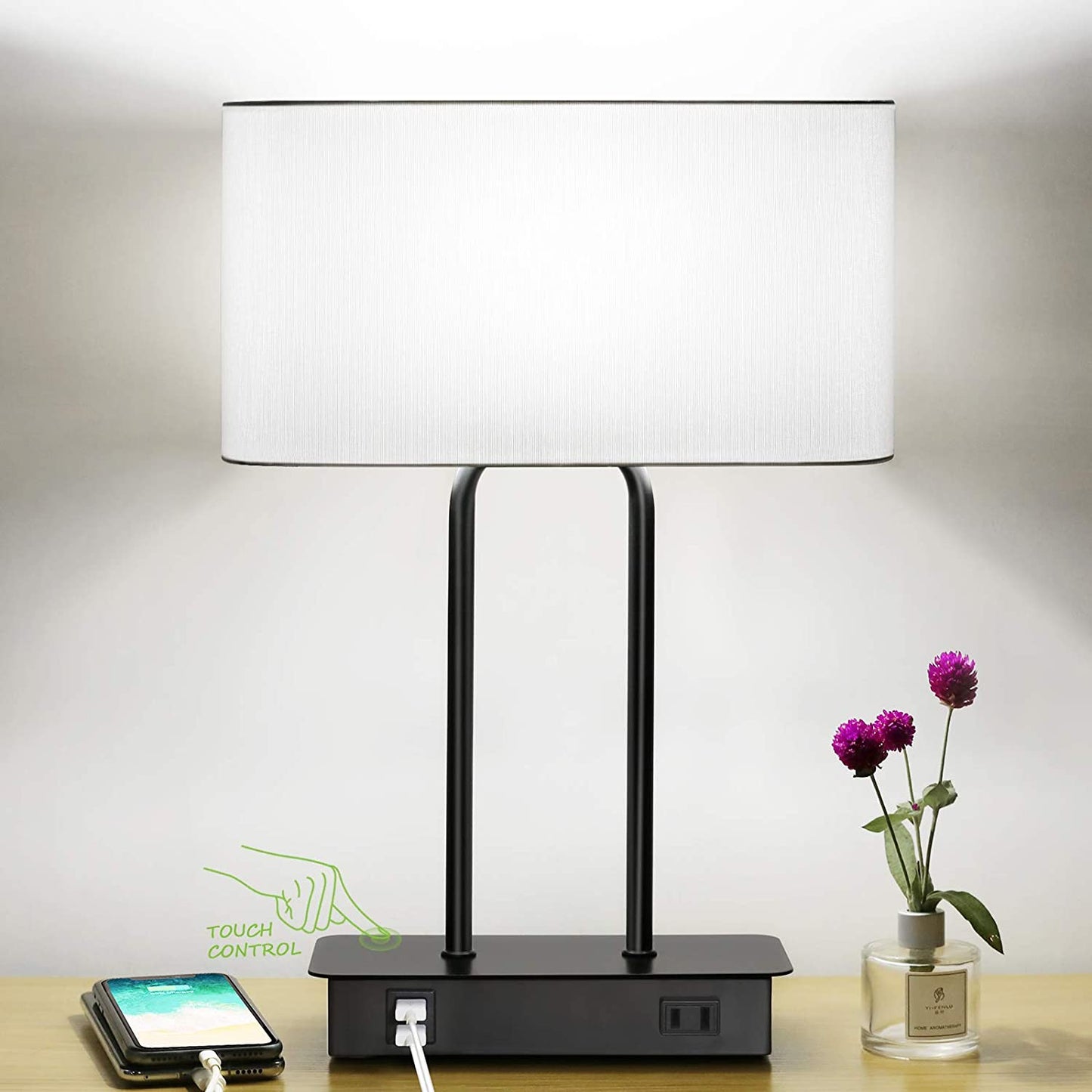 3-Way Dimmable Touch Table Lamp W/ 2 USB Ports and AC Power Outlet Modern Bedside Nightstand Lamp