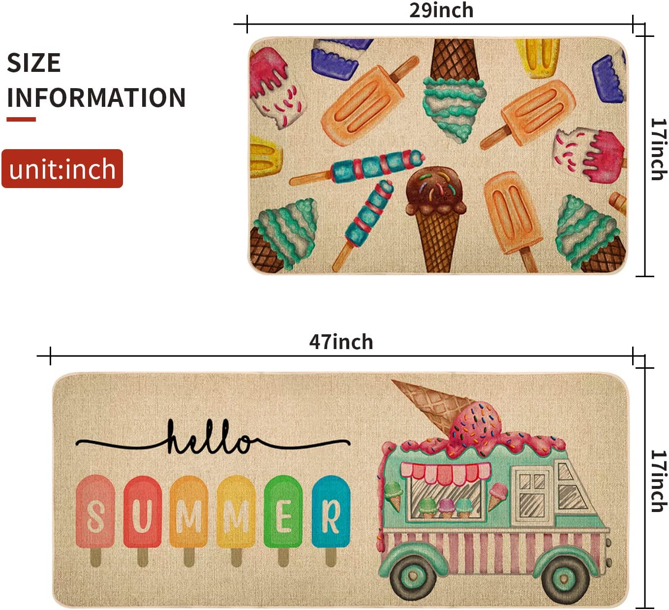 Set of 2 Hello Summer Ice Cream Truck Kitchen Rugs 17x29 and 17x47 Inch DM076