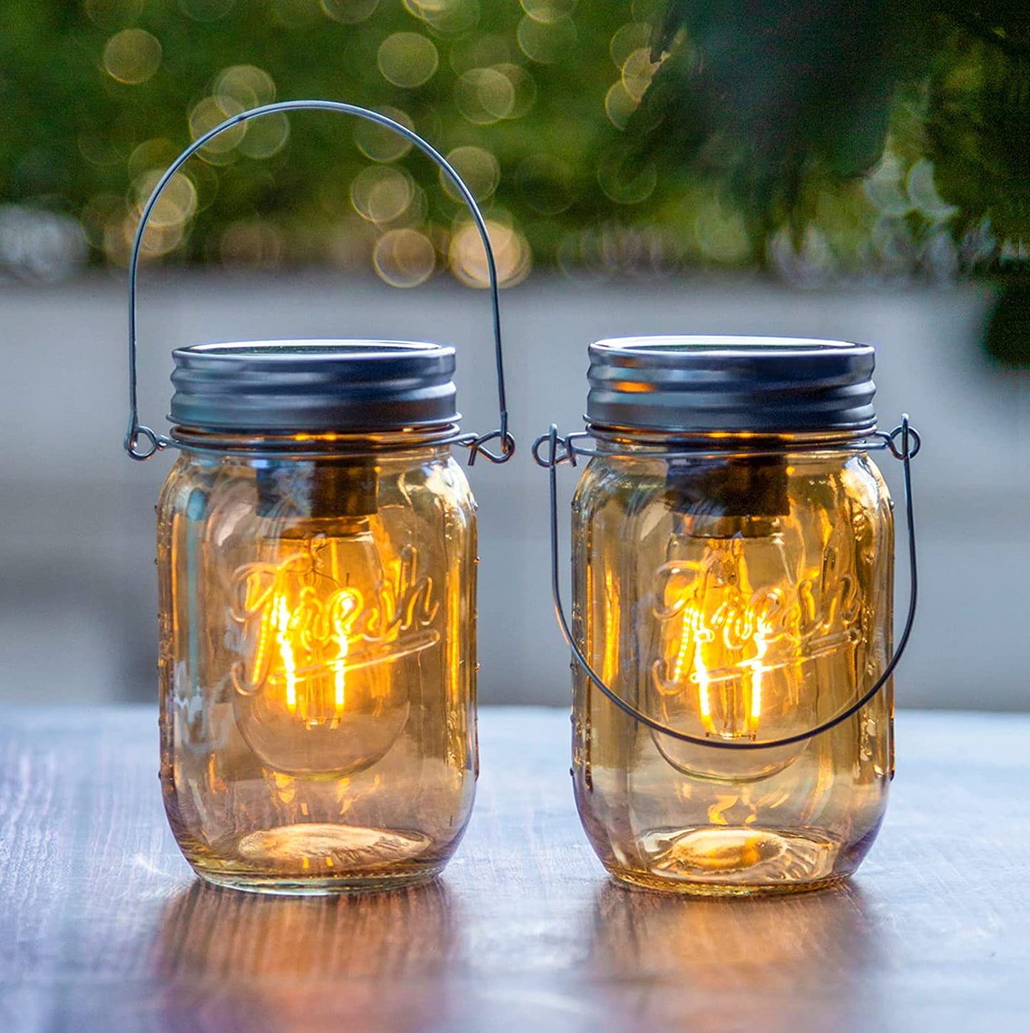 Outdoor Mason Jar Lights Hanging, 2-Pack LED Decorative Garden Lanterns with Timer