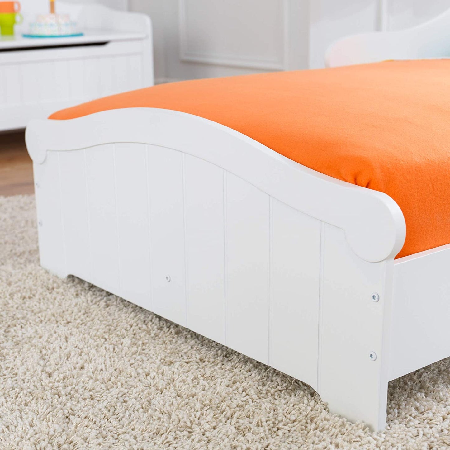 Wooden Toddler Bed with Wainscoting Detail and High Side Rails - White, Gift for Ages 15 mo+
