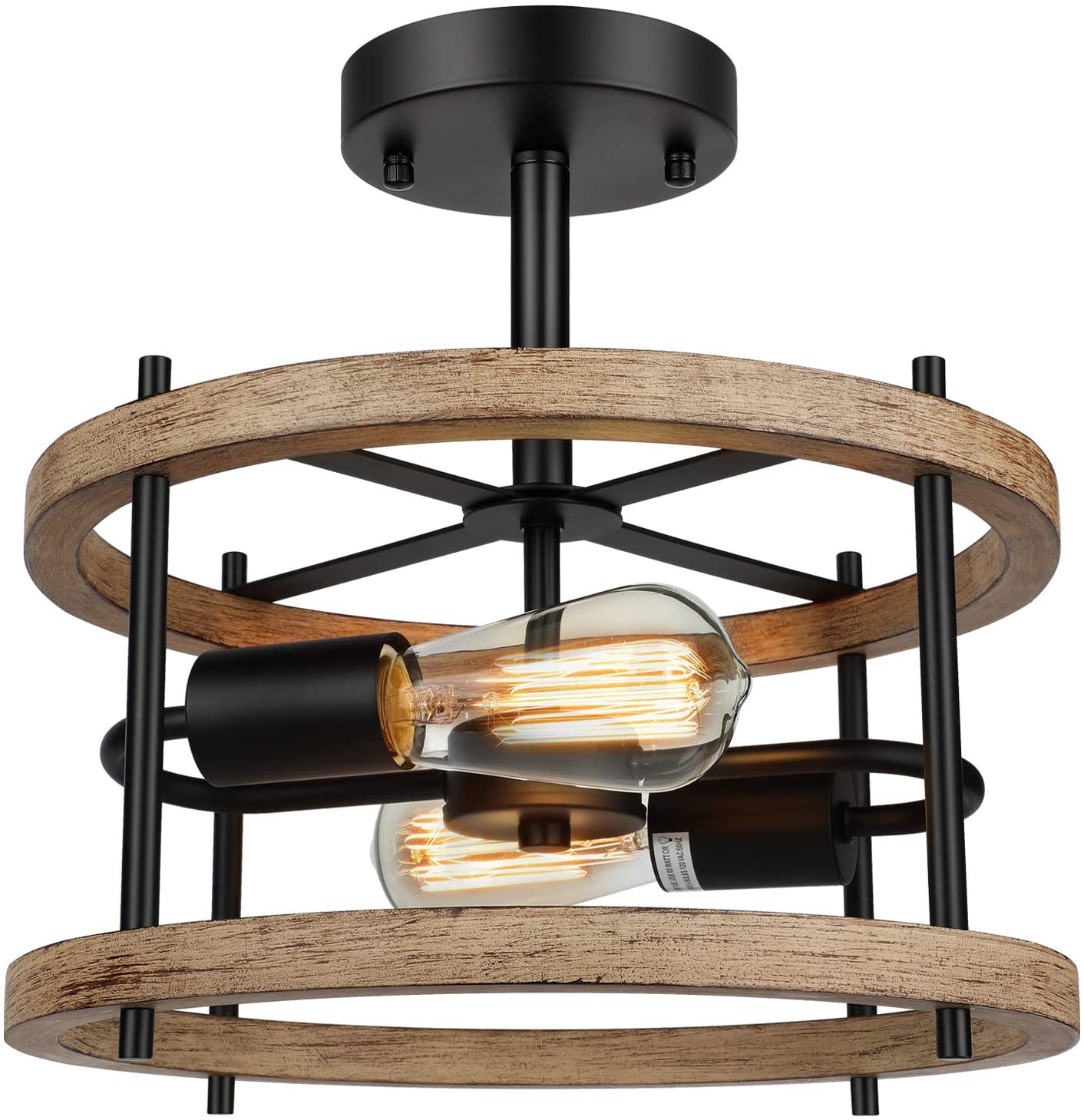 Retro Semi Flush Mount Ceiling Light Fixture, Rustic Vintage Wood Ceiling Light