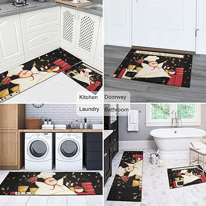 Non Skid Washable Black Kitchen Mat Soft Super Absorbent Anti Fatigue Kitchen Mat Runner Set Doormat Bathroom 17"x47"+17"x30", 2 PCS