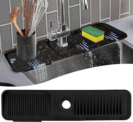 Kitchen Splash Guard for Sink,Silicone Sink Faucet Mat Splash Guard,Faucet Absorbent Sink Protectors Mat(Black 17.5" x 5.5")