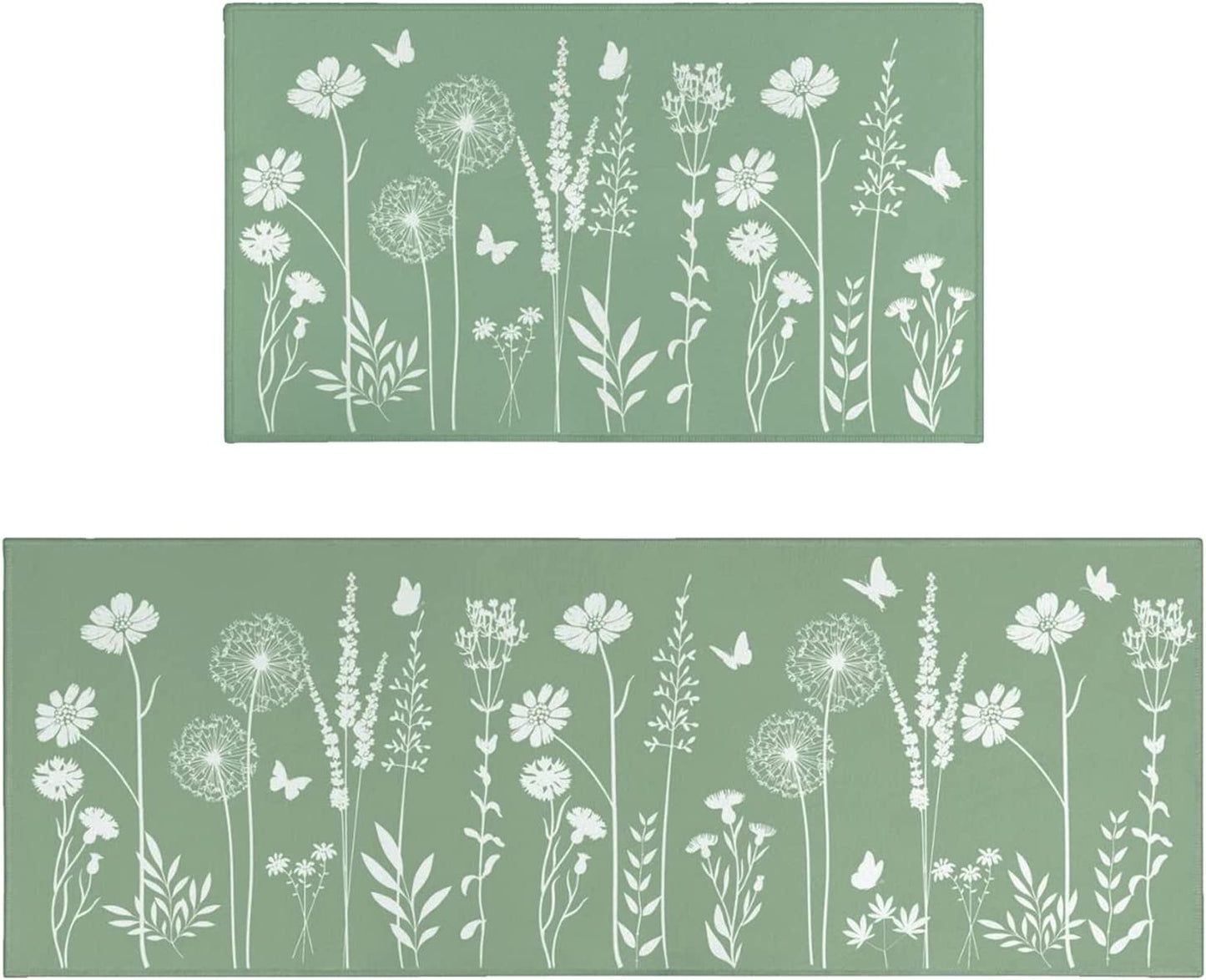 Set of 2- Plant Floral Butterfly Kitchen Rugs with Runner Decor Accessories Things - 17x30 and 17x48 Inch