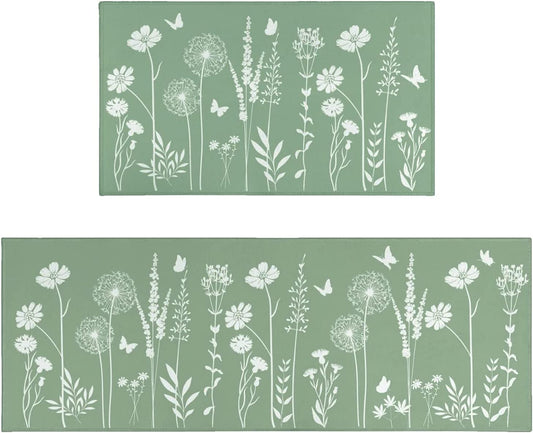 Set of 2- Plant Floral Butterfly Kitchen Rugs with Runner Decor Accessories Things - 17x30 and 17x48 Inch
