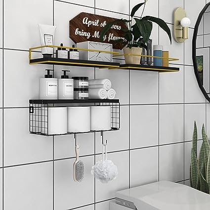 Bathroom Shelves Wall Mounted with Paper Storage Basket -Brown