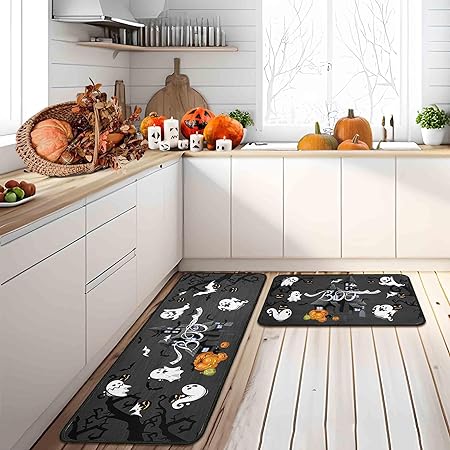 Non Slip Backing Halloween Kitchen Rug Set of 2 (Black, 17"x47"+17"x30")