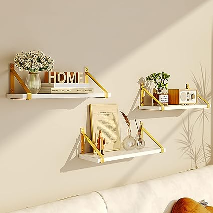 Wall Mounted Bathroom White Floating Shelves Set of 3, (Gold Bracket)