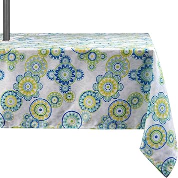Medallion Outdoor Tablecloth with Umbrella Hole - Water Resistant Spillproof Table Cover (Zippered - 60" x 60" Square, Light Green)