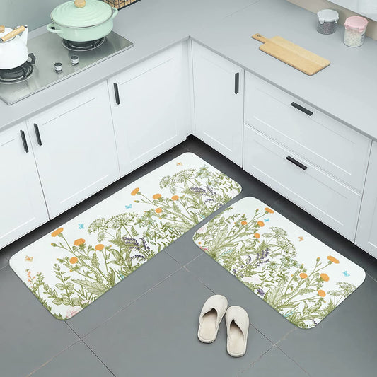 2 PCS Cushioned Floral, Flowers Anti Fatigue Kitchen Rugs  - 18'' x 48'' + 18'' x 30''