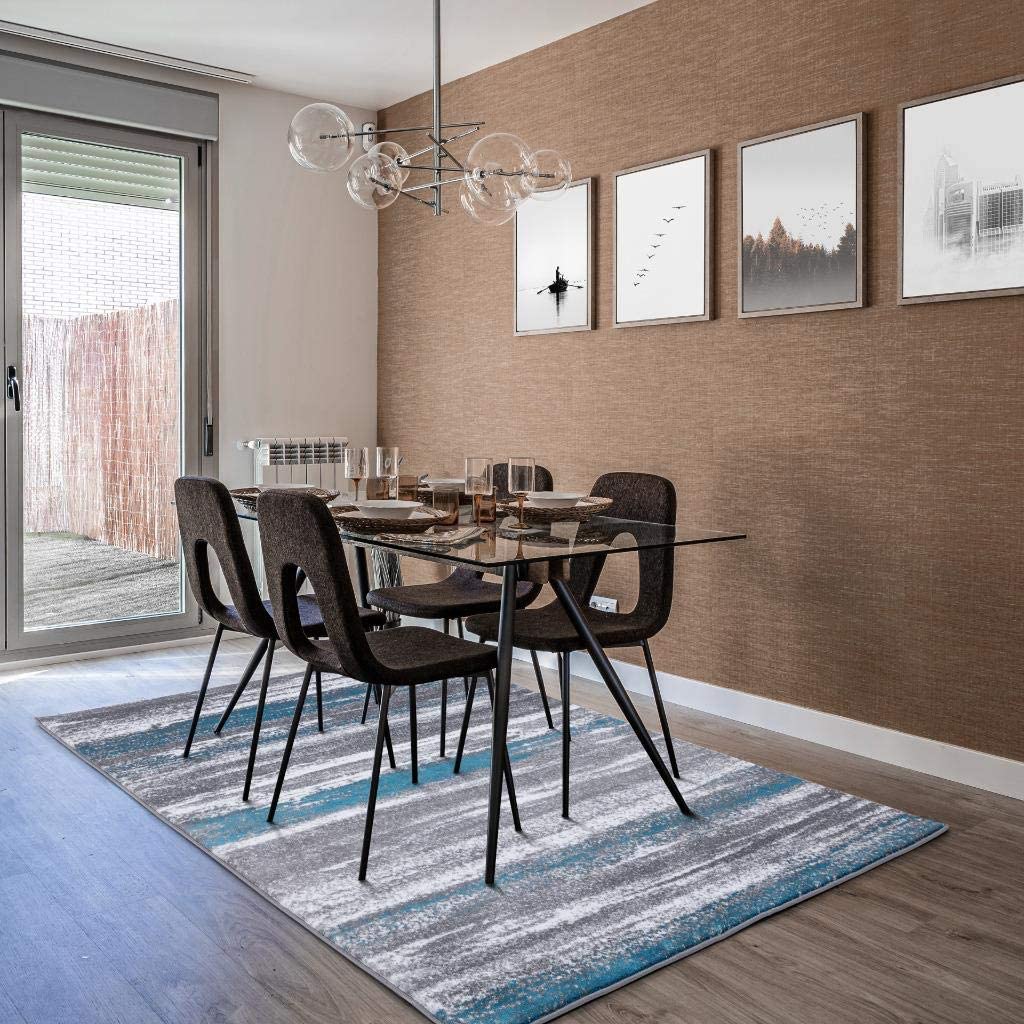 Modern Abstract Soft Ivory Grey Turquoise Area Rug