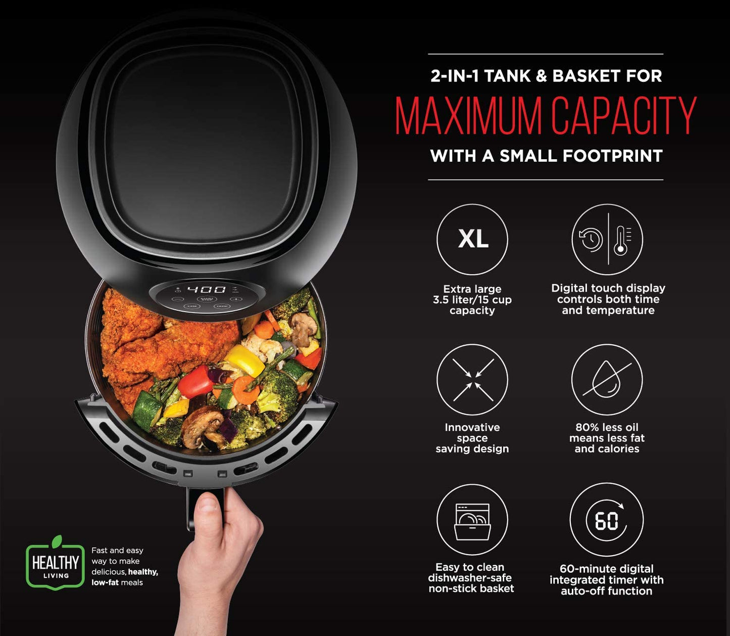 3.6 Quart Air Fryer Oven, Dual Control Temperature, 15 Cup Capacity with Cookbook