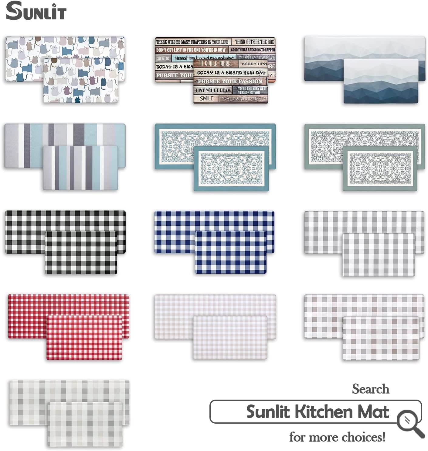 Set of 2 Anti Fatigue, Non Slip Waterproof Comfort, 0.4 Inch Thick, Gray and White Buffalo Plaid (Size:17"x28"&17"x47")