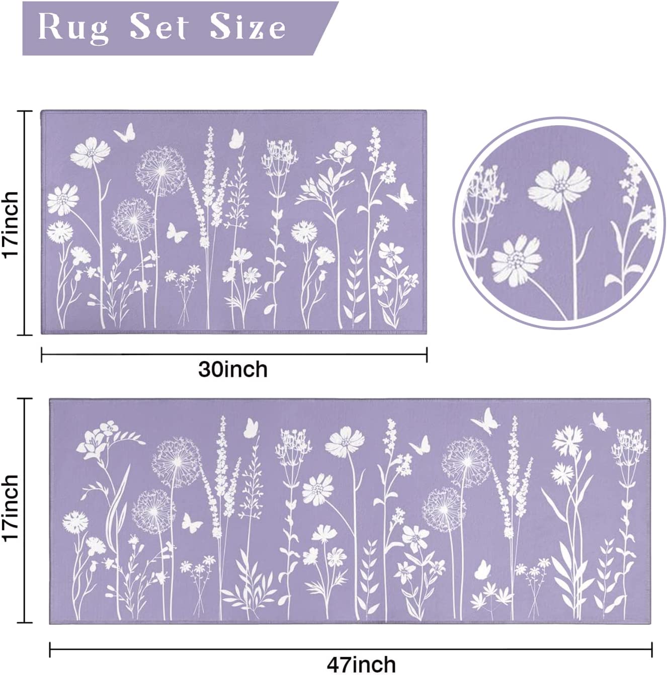 Set of 2- Plant Floral Butterfly Kitchen Rugs with Runner Decor Accessories Things - 17x30 and 17x48 Inch