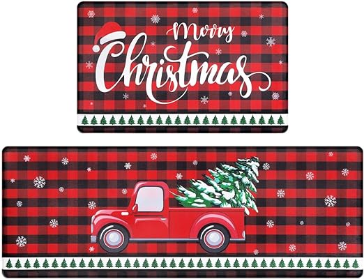 Set of 2 Anti-Fatigue Kitchen Mats Cushioned Red Plaid Christmas Truck Kitchen Rugs.17"x27.5"+17"x47"