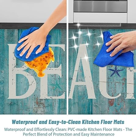 of 2 Anti Fatigue Non Slip Cushioned Kitchen Mats 0.4 Inch Thick Ocean, 17.3''x28''+17.3''x47'', Blue