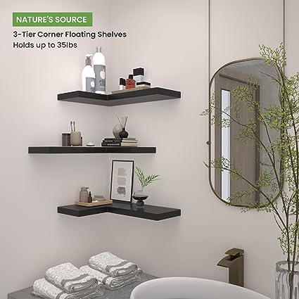 Set of 3, Corner Floating Shelves with Invisible Brackets - Gothic Style 17" x 6" (Black)