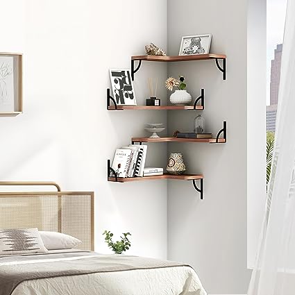 Set of 4, Corner Wood Display Storage Wall Mounted  Floating Shelves