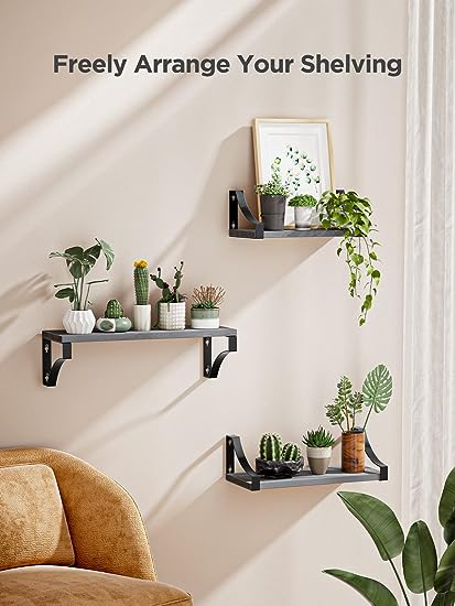 Set of 3 Floating Shelves with Heavy Duty Metal Frame, Hold up to 55lbs, Gray