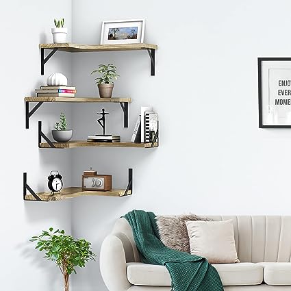 Set of 4, Floating Corner Shelves for Wall Décor Storage, (Grey)…