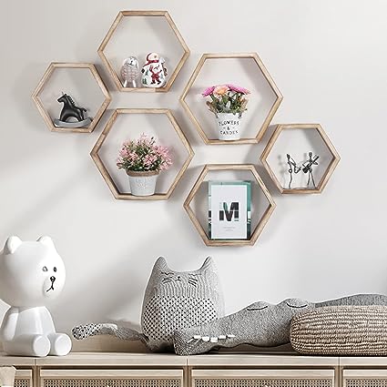 Hexagonal Floating Shelves Wall Mounted Set of 3 Wood Farmhouse Storage Honeycomb Wall Shelf for Bathroom, Kitchen, Bedroom, Living Room, Office,Driftwood Finish