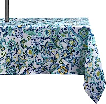 Medallion Outdoor Tablecloth with Umbrella Hole - Water Resistant Spillproof Table Cover (Zippered - 60" x 60" Square, Light Green)