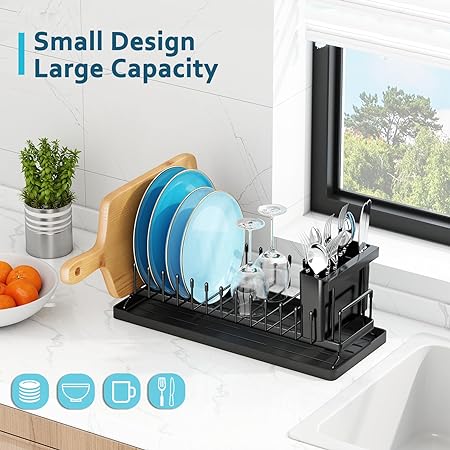 Compact Dish Rack for Kitchen Counter with Silicone Dish Drying Mat, Stainless Steel Dish Drainer for Kitchen Sink, Space Saving Plate Rack Cutlery Holder, Black