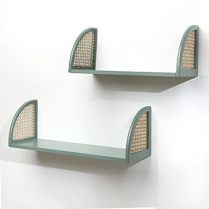 Decorative Wooden Wall Shelf with Rattan, Set of 2 (Green)