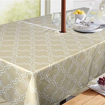 Medallion Outdoor Tablecloth with Umbrella Hole - Water Resistant Spillproof Table Cover (Zippered - 60" x 60" Square, Light Green)