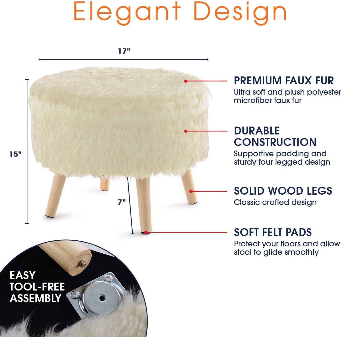 Collection 17" Square Ottoman | Super Soft Decorative Off White Faux Fur Foot Stool