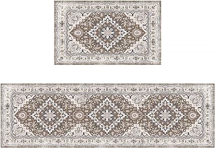 Washable Kitchen Mats for Floor, Non Slip Boho Kitchen Runner Rug, Cushioned Vintage Thickening Kitchen Rugs,for Office, Home,Laundry-EDCF01（29.5"x17" + 47”x17）