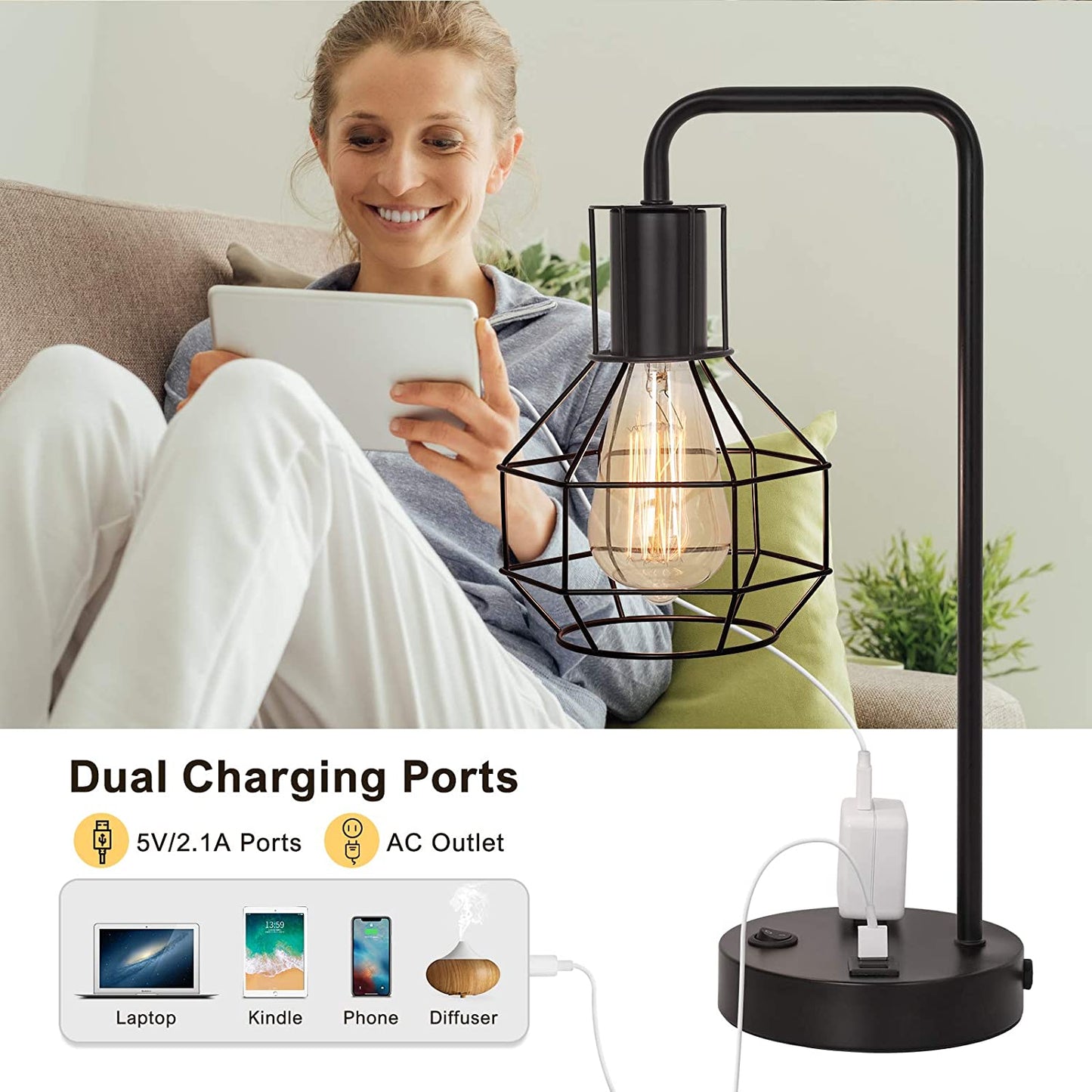 USB Modern Table Lamp with Outlet, Industrial Farmhouse