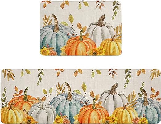 Non SlipTeal Golden-Yellow Pumpkins Fall Maple Leaf Botanical Anti-Fatigue Kitchen Rugs Set of 2,
