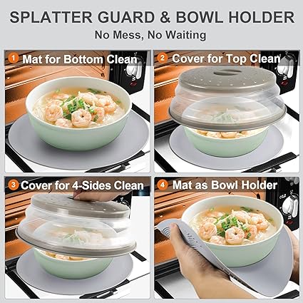 Microwave Mat & Food Cover- 10“ Mat as Bowl Holder, Multi-use: Silicone Trivet, Utensils Rest for Kitchen Counter