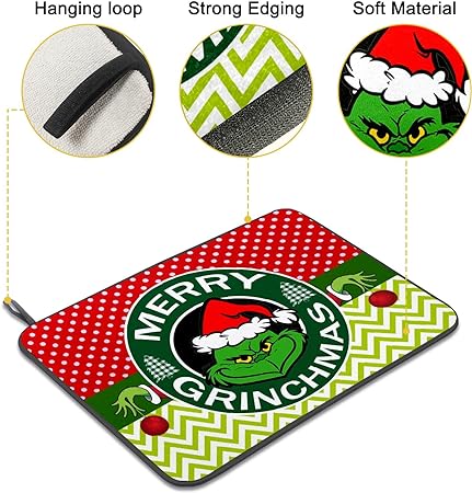 Absorbent Christmas Holiday Ball Dish Drying Mat for Kitchen Countertop, 16 X 18 Inch