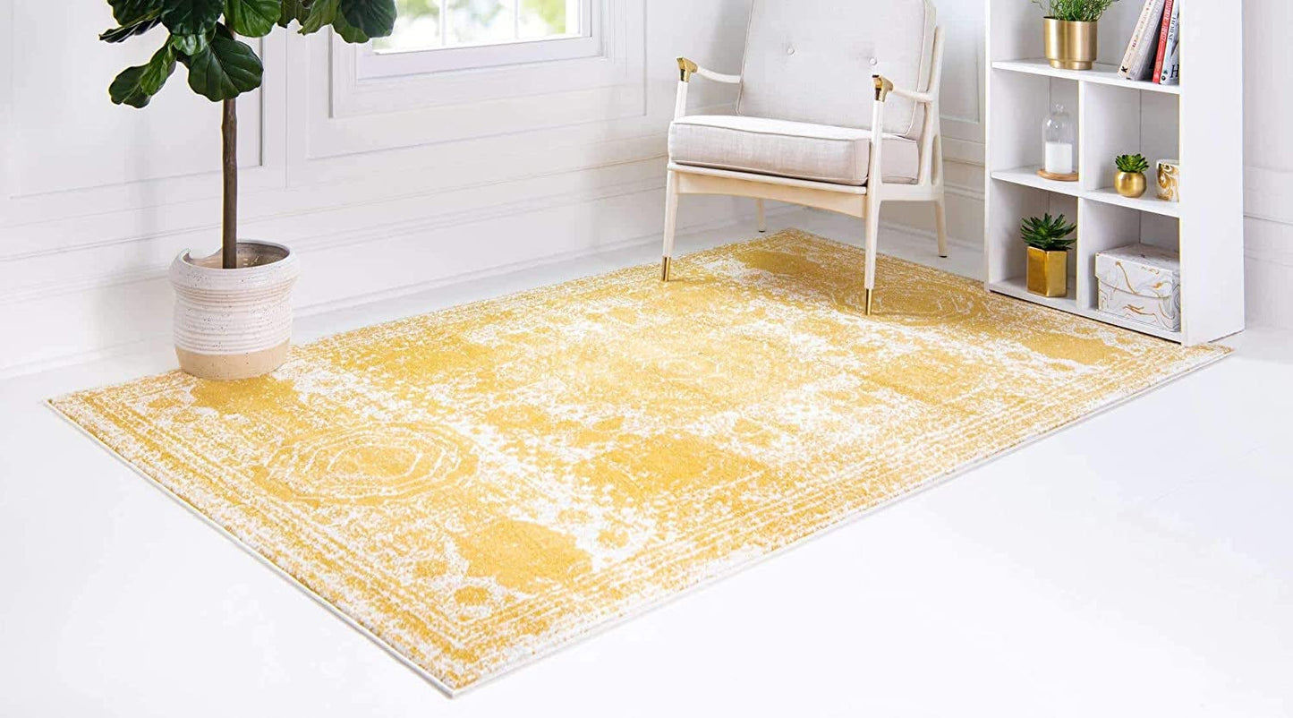 Vintage Traditional Medallion Border Yellow Area Rug