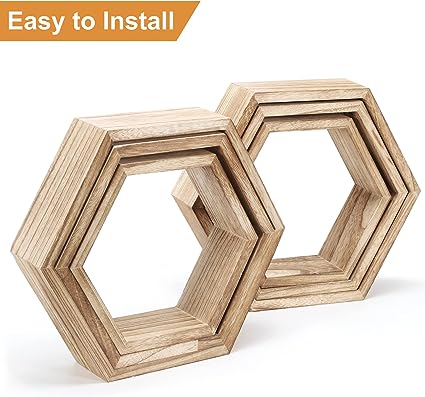 Hexagonal Floating Shelves Wall Mounted Set of 3 Wood Farmhouse Storage Honeycomb Wall Shelf for Bathroom, Kitchen, Bedroom, Living Room, Office,Driftwood Finish