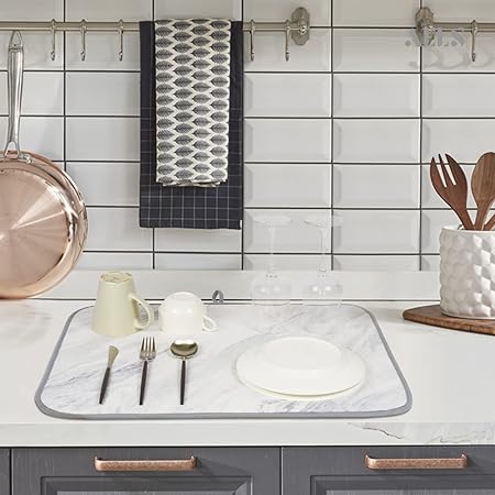 Brown Marble Reversible Absorbent Microfiber Dish Drainer/Rack Pads with Hanging Loop, XL 24" x 18"