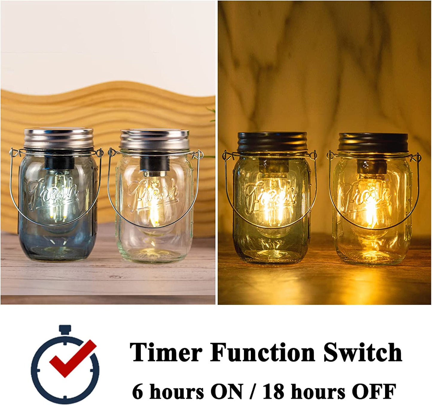 Outdoor Mason Jar Lights Hanging, 2-Pack LED Decorative Garden Lanterns with Timer